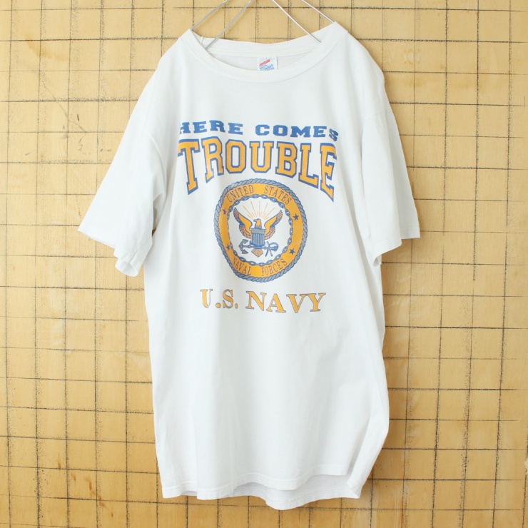 90s USA製 JERZEES HERE COMES TROUBLE U.S.NAVY プリント 半袖 Tシャツ ホワイト メンズL アメリカ古着