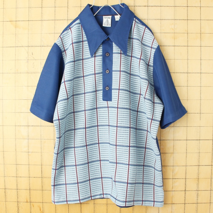 70s 80s USA SPIRE california ポリニット ポロシャツ メンズXL ネイビー ブルー 半袖 アメリカ古着