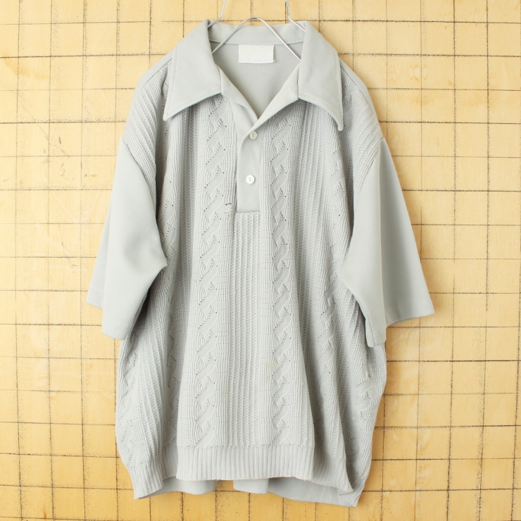 70s 80s USA オープンカラー ポリニット ポロシャツ メンズXL グレー 半袖 アメリカ古着