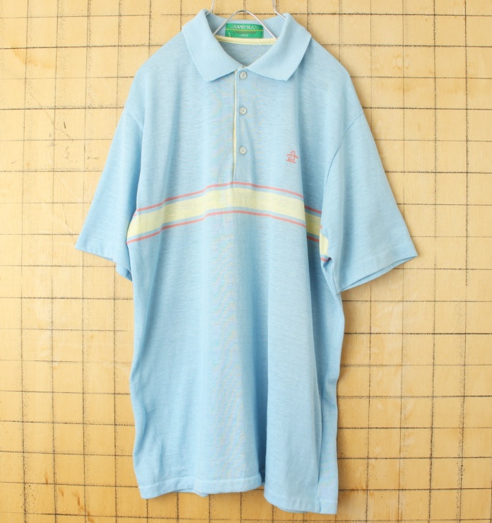 70s 80s USA製 Grand Slam MUNSINGWEAR ポロシャツ メンズL ライトブルー 半袖 アメリカ古着