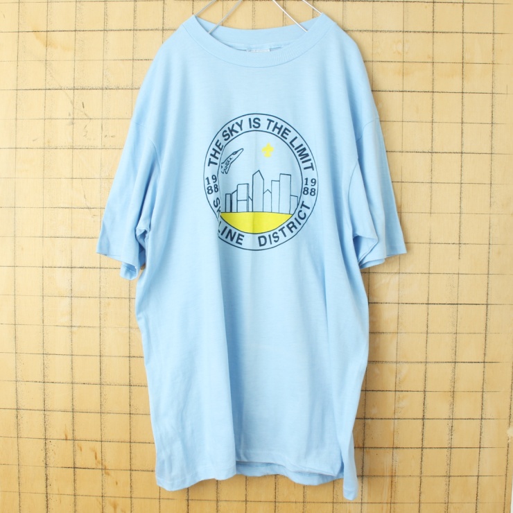 80s USA製 Hanes ヘインズ SKYLINE DISTRICT プリント 半袖 Tシャツ ライトブルー メンズXL アメリカ古着