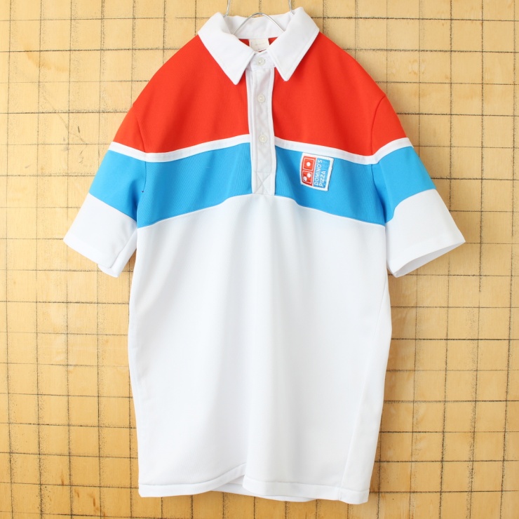 70s 80s USA製 DOMINO'S PIZZA ポロシャツ メンズL ホワイト レッド 半袖 ドミノピザ アメリカ古着