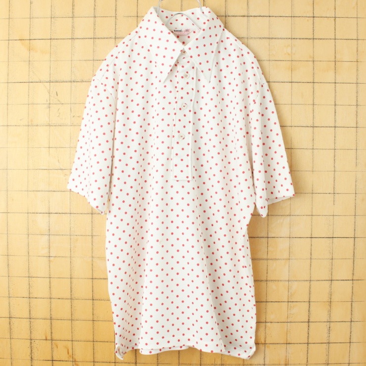 70s 80s USA製 IZOD ポリニットドット ポロシャツ メンズL ホワイト レッド 半袖 水玉 アメリカ古着