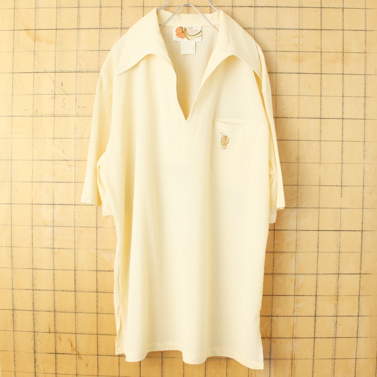 70s 80s USA LIBERTY HOUSE ポリニット 総柄 オープンカラー ポロシャツ メンズL イエロー 半袖 アメリカ古着