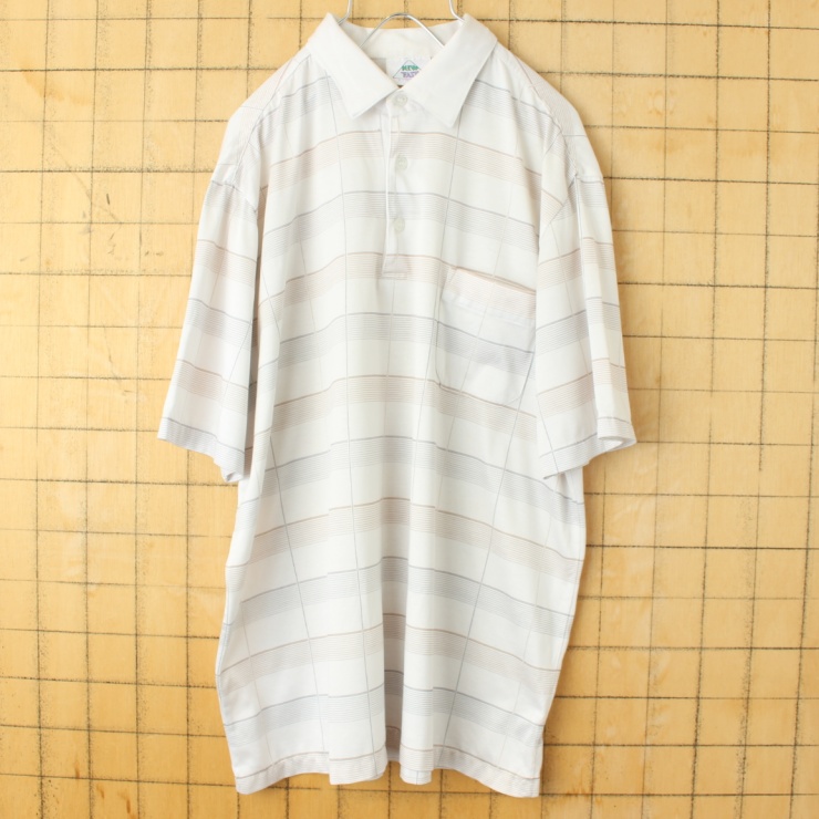 70s 80s EURO C&A NEW FAST ポリニット ポロシャツ メンズL ホワイト 半袖 アメリカ古着