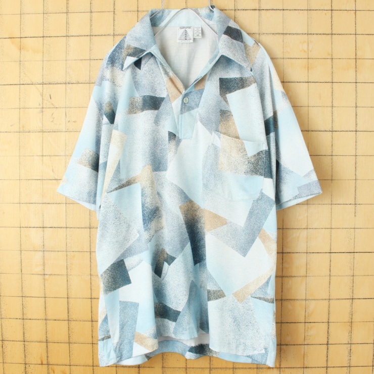 70s 80s USA製 SPIRE california オープンカラー 総柄 ポロシャツ メンズM ブルー 半袖 ポリエステル アメリカ古着