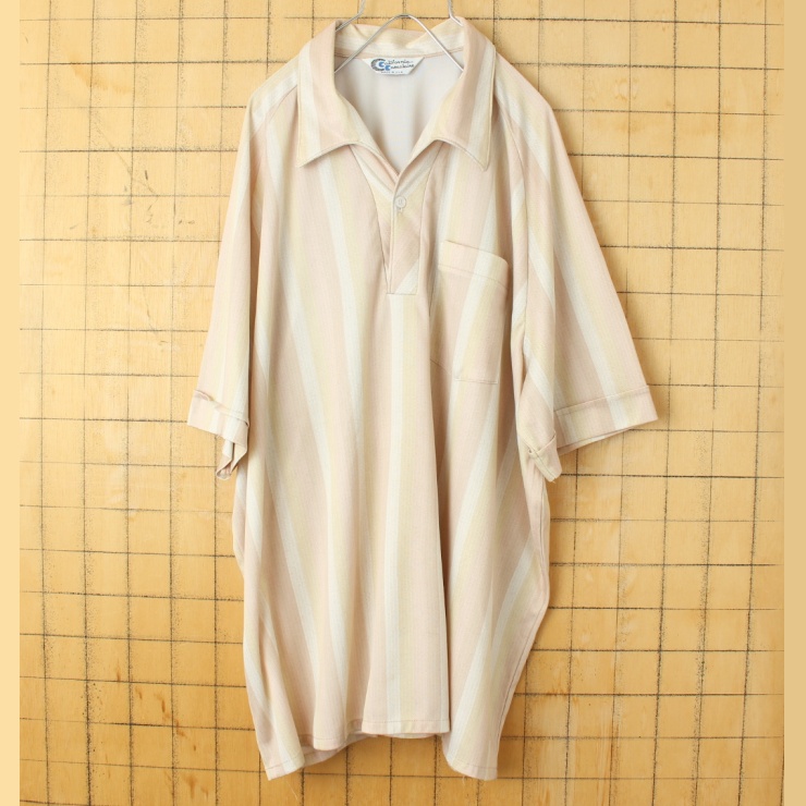 ビッグサイズ 70s 80s USA製 California Casualaire オープンカラー ストライプ ポロシャツ メンズXXL相当 ベージュ 半袖 ポリエステル アメリカ古着