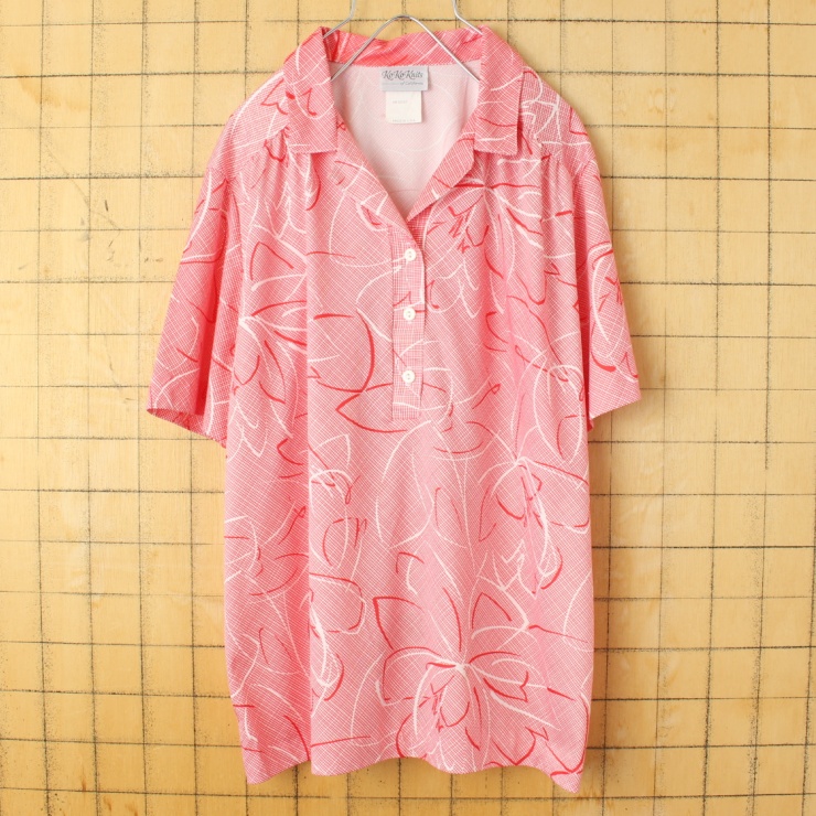 70s 80s USA製 KoKoKnits of California オープンカラー ポロシャツ レディースL相当 レッド 半袖 ポリエステル アメリカ古着