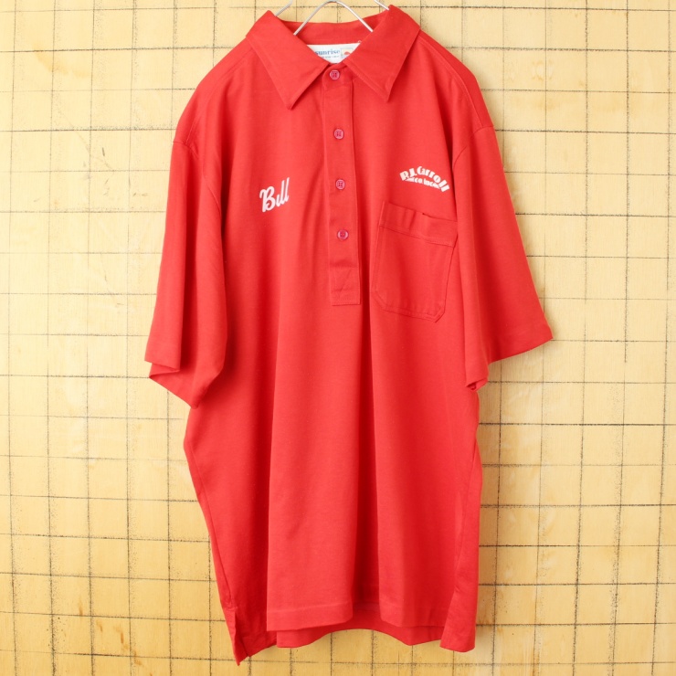 70s 80s USA sunrise 両面プリント ポロシャツ メンズL レッド 半袖 ポリエステル アメリカ古着