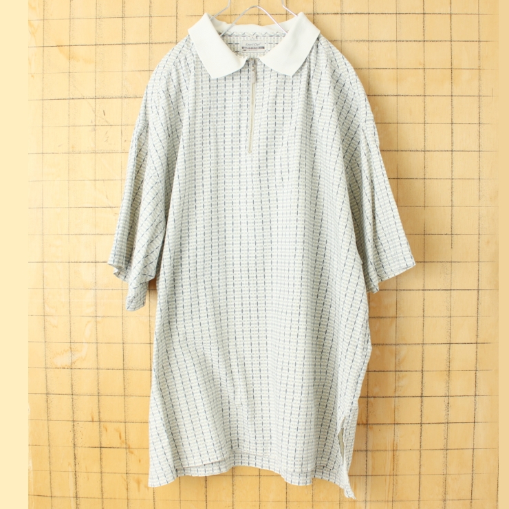 80s 90s EURO Knock Out SHIRTS ハーフジップ 総柄 ポロシャツ ホワイト メンズL 半袖 ヨーロッパ古着
