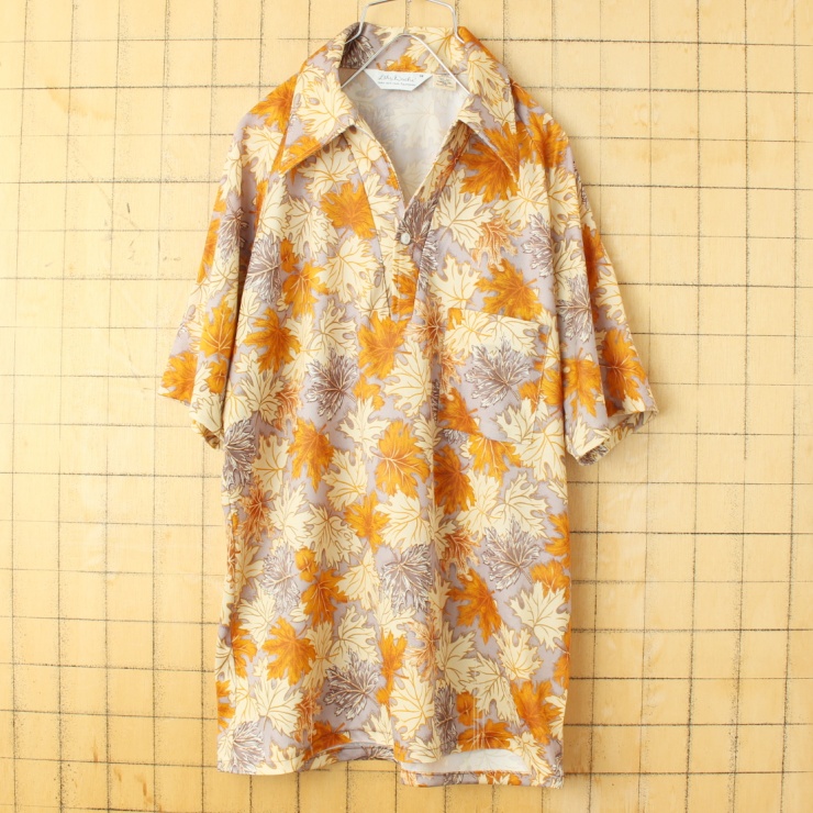 70s 80s USA Lilly Dache オープンカラー メープル 総柄 ポロシャツ メンズM ライトブラウン 半袖 ポリエステル アメリカ古着