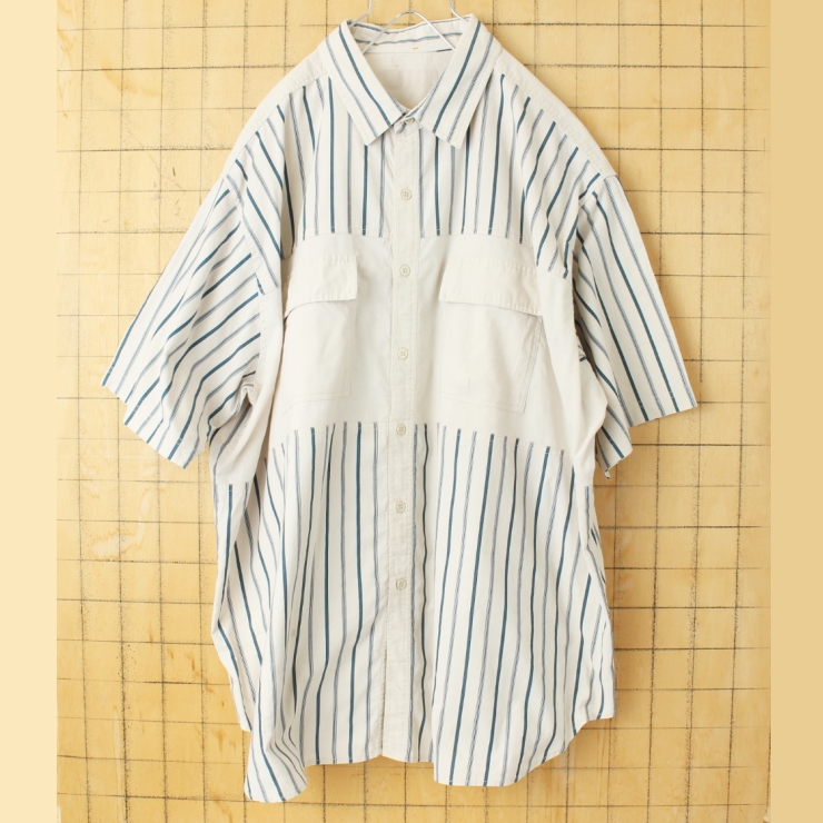 ビッグサイズ 80s 90s EURO 半袖 ストライプシャツ ホワイト メンズ2XL相当 ヨーロッパ古着