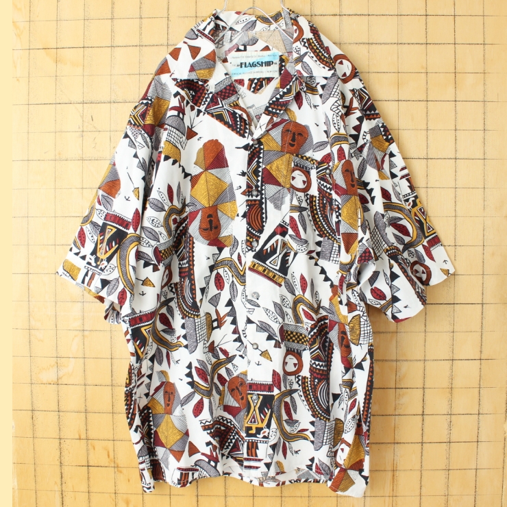 80s 90s EURO THE FLAGSHIP 半袖 総柄 オープンカラーシャツ ブラウン メンズL ヨーロッパ古着