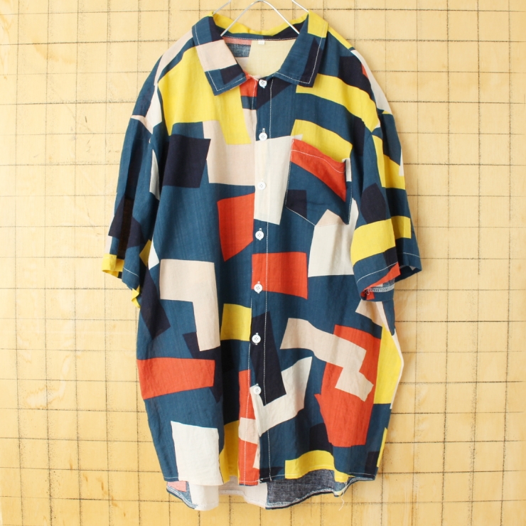 80s 90s EURO 半袖 総柄 シャツ ネイビー メンズXL ヨーロッパ古着