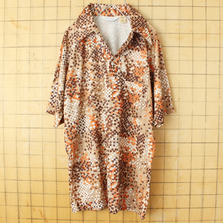 70s 80s USA Lilly Dache オープンカラー 総柄 ポロシャツ メンズM ブラウン 半袖 ポリエステル アメリカ古着