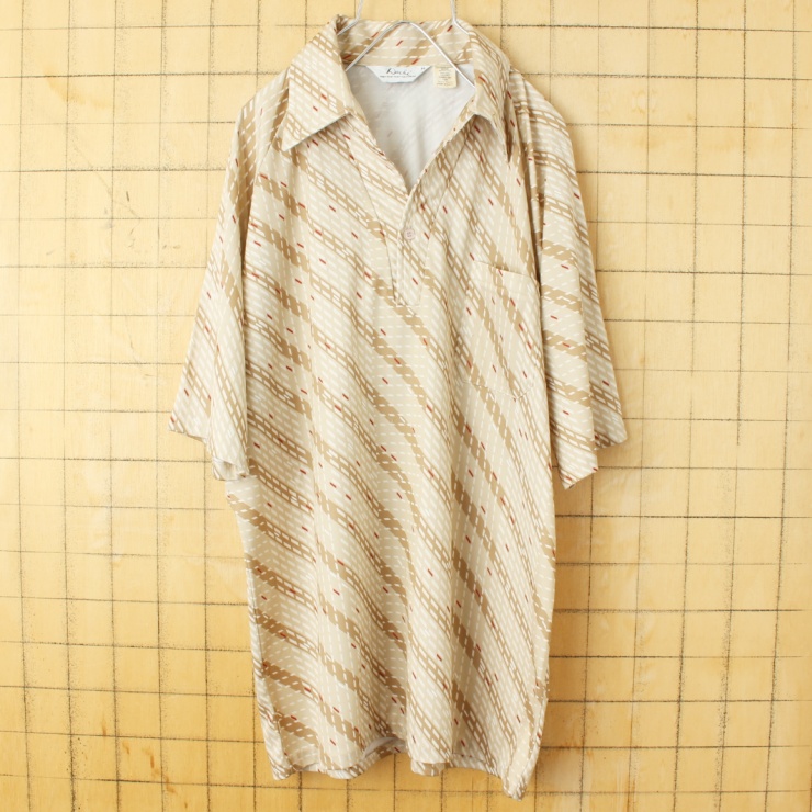 70s 80s USA Lilly Dache オープンカラー 総柄 ポロシャツ メンズM ベージュ 半袖 ポリエステル アメリカ古着