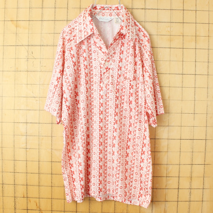70s 80s USA製 Lilly Dache オープンカラー 総柄 ポロシャツ メンズM レッド 半袖 ポリエステル アメリカ古着