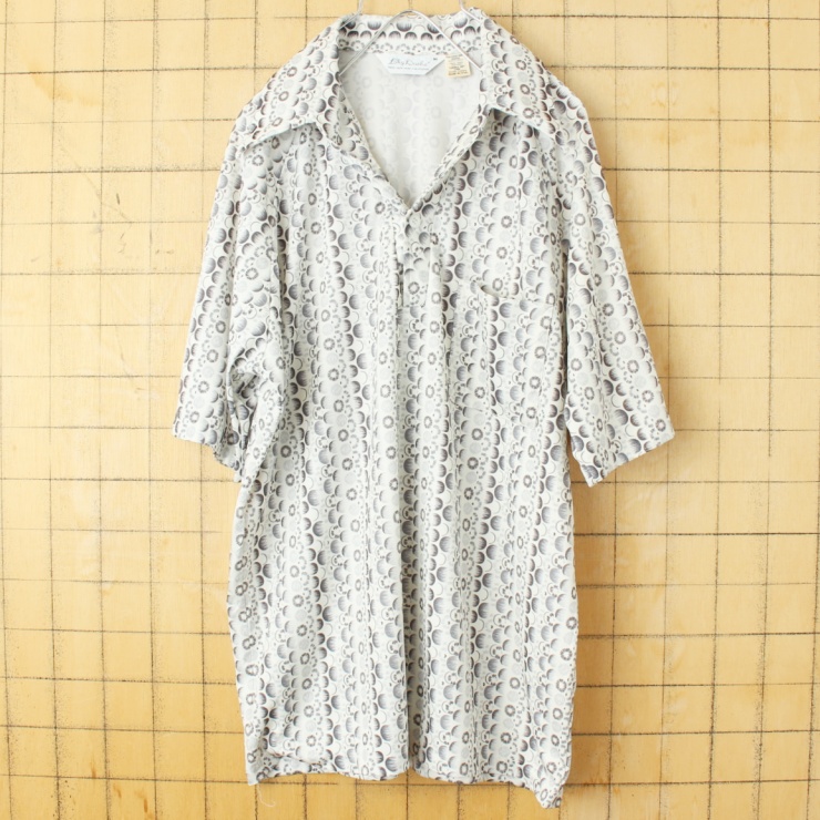 70s 80s USA製 Lilly Dache オープンカラー 総柄 ポロシャツ メンズM グレー 半袖 ポリエステル アメリカ古着