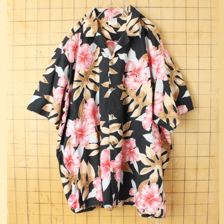ビッグサイズ 70s 80s USA製 BaReFooT In PaRaDISE 半袖 コットン ハワイアンシャツ ブラック メンズ2XL アロハ アメリカ古着
