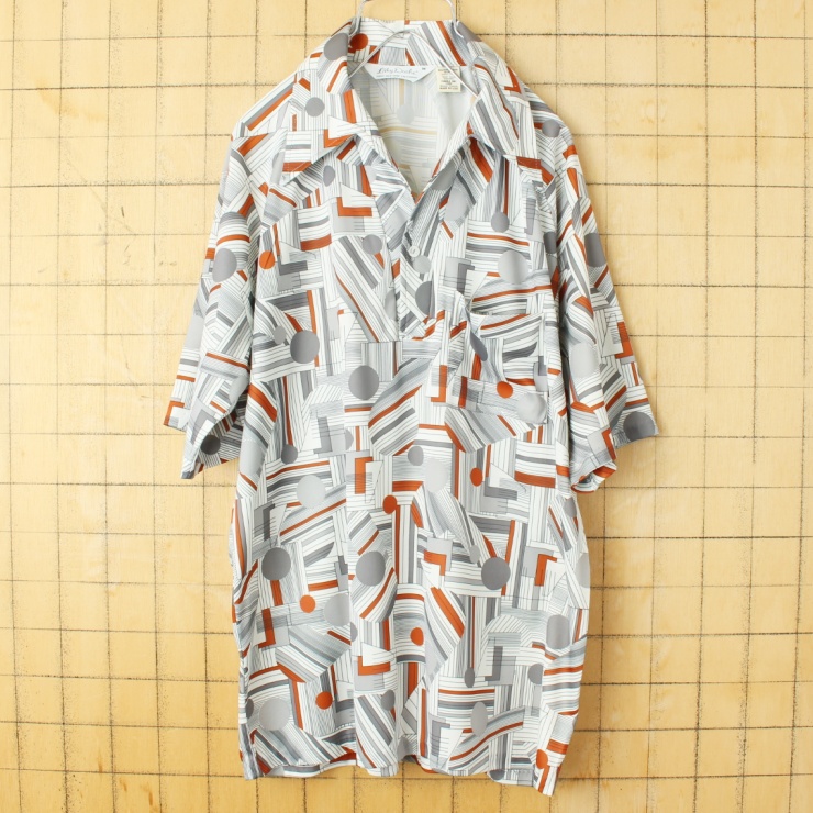70s 80s USA製 Lilly Dache オープンカラー 総柄 ポロシャツ メンズM グレー ブラウン 半袖 ポリエステル アメリカ古着