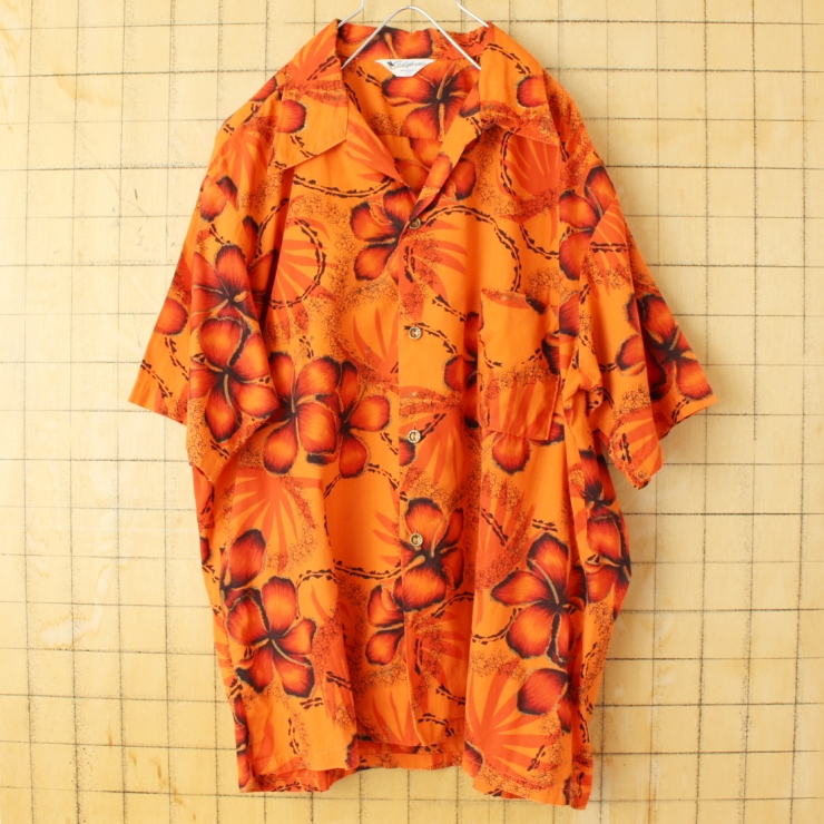 60s 70s USA製 California 半袖 コットン ハワイアンシャツ オレンジ メンズL アロハ アメリカ古着