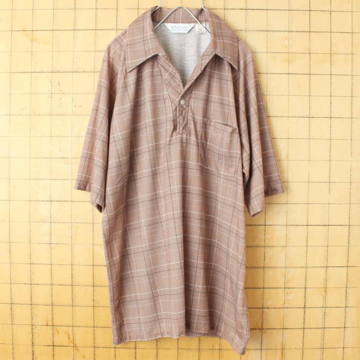 70s 80s USA製 Lilly Dache オープンカラー 総柄 ポロシャツ メンズL ブラウン 半袖 ポリエステル アメリカ古着