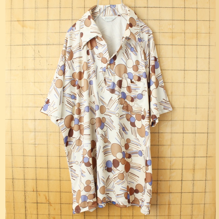 70s 80s USA製 Lilly Dache オープンカラー 総柄 ポロシャツ メンズXL ブラウン ベージュ 半袖 ポリエステル アメリカ古着