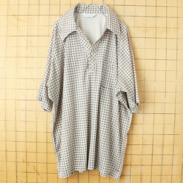 70s 80s USA製 Lilly Dache オープンカラー 総柄 ポロシャツ メンズXL グリーン 半袖 ポリエステル アメリカ古着