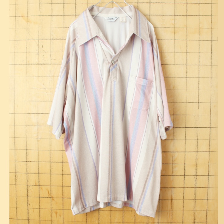 ビッグサイズ 70s 80s USA製 Lilly Dache オープンカラー ストライプ ポロシャツ メンズXXL ベージュ 半袖 ポリエステル アメリカ古着