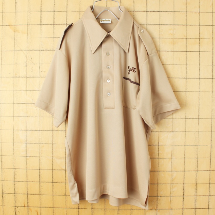 70s 80s USA製 King Louie プルオーバー ボウリング シャツ メンズM ベージュ 半袖 ポリエステル アメリカ古着