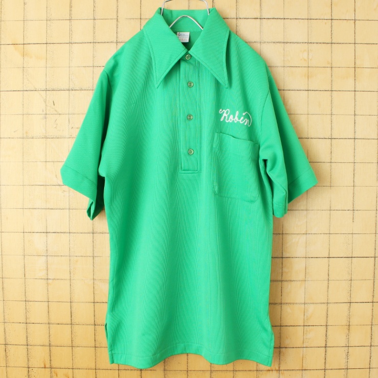 70s 80s USA製 Hilton プルオーバー ボウリング シャツ メンズS グリーン 半袖 ポリエステル アメリカ古着