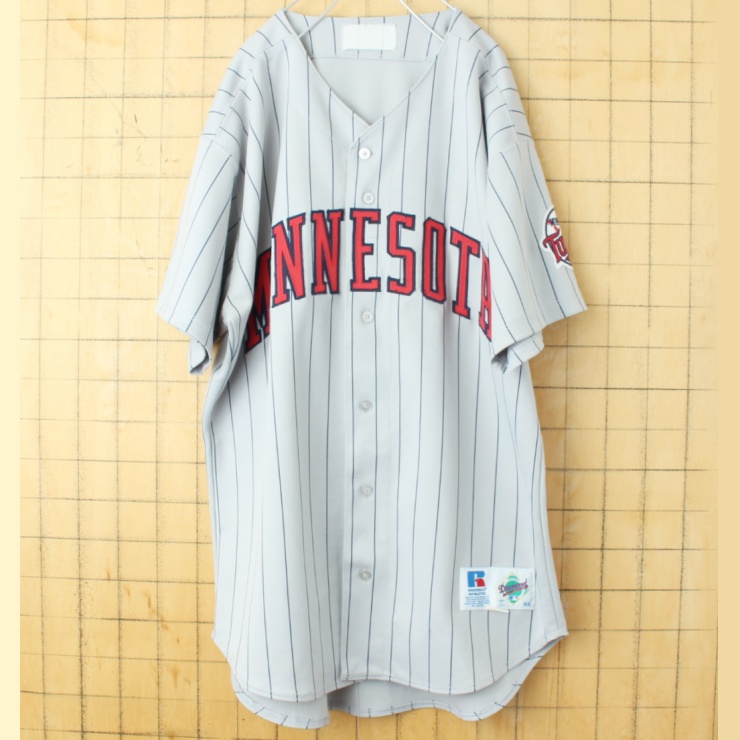 90s USA製 RUSSELL ATHLETIC MLB MINESOTA Twins ベースボール シャツ ストライプ グレー メンズL相当 アメリカ古着