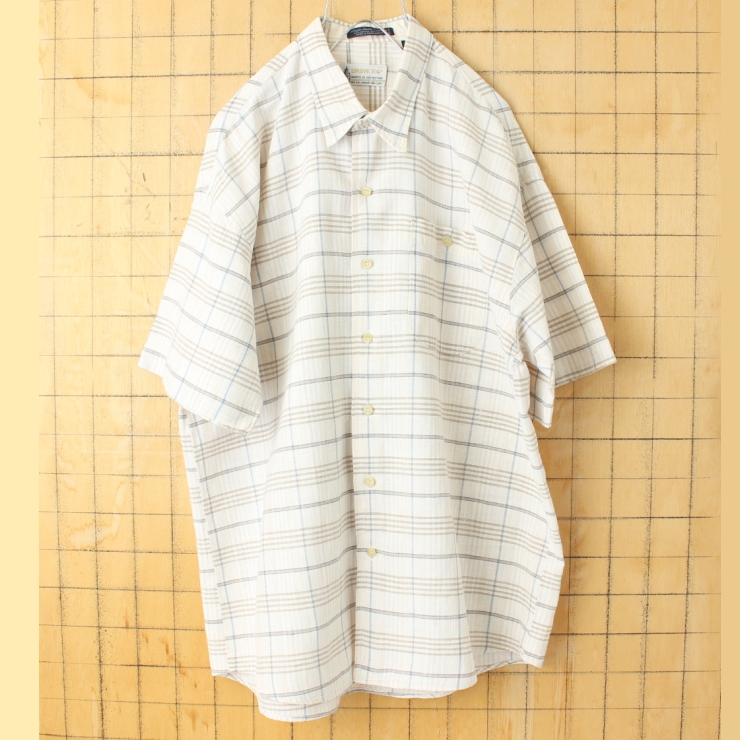 70s 80s USA LONDON FOG 半袖 ラミー チェックシャツ ベージュ メンズXL アメリカ古着