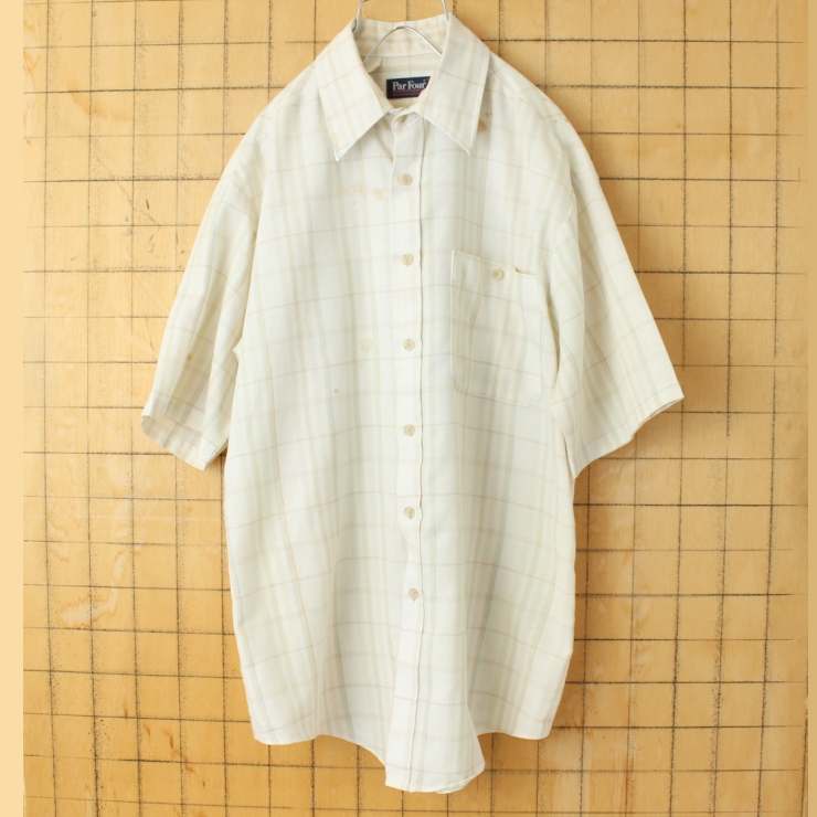 70s 80s USA ParFour 半袖 チェックシャツ ベージュ メンズM アメリカ古着