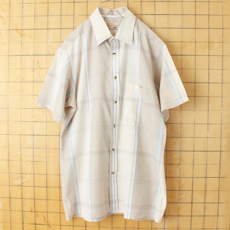 70s 80s USA THE FOX COLLECTION 半袖 チェックボックスシャツ ベージュ メンズM JCPenney アメリカ古着