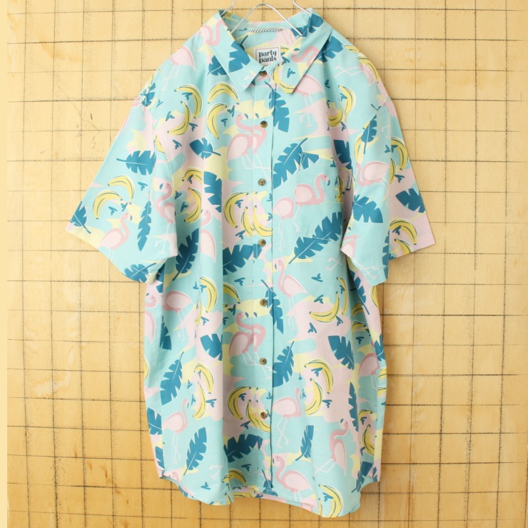 USA party pants フラミンゴ 総柄 半袖 アロハ シャツ ライトブルー メンズXL ハワイアン アメリカ古着