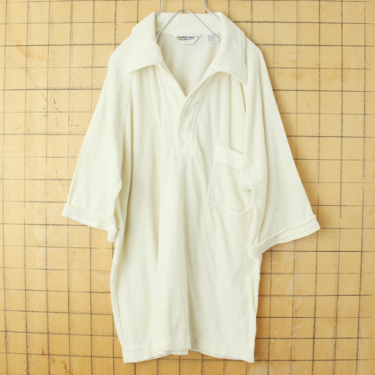 70s 80s USA MORRO BAY JCPenney パイル地 ポロシャツ オフホワイト メンズXL 半袖 ビーチ アメリカ古着