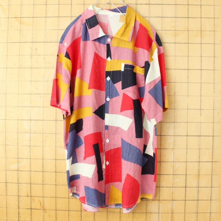 80s 90s EURO 半袖 総柄 シャツ ピンク メンズM 幾何学模様 ヨーロッパ古着
