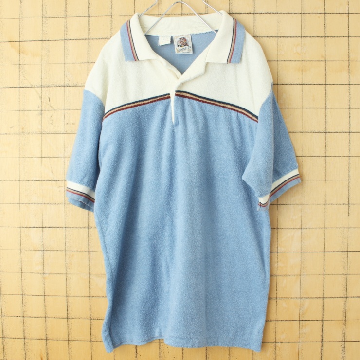 70s 80s USA KENNINGTON ケニントン パイル地 ポロシャツ ライトブルー メンズL 半袖 ビーチ オールドサーフ アメリカ古着