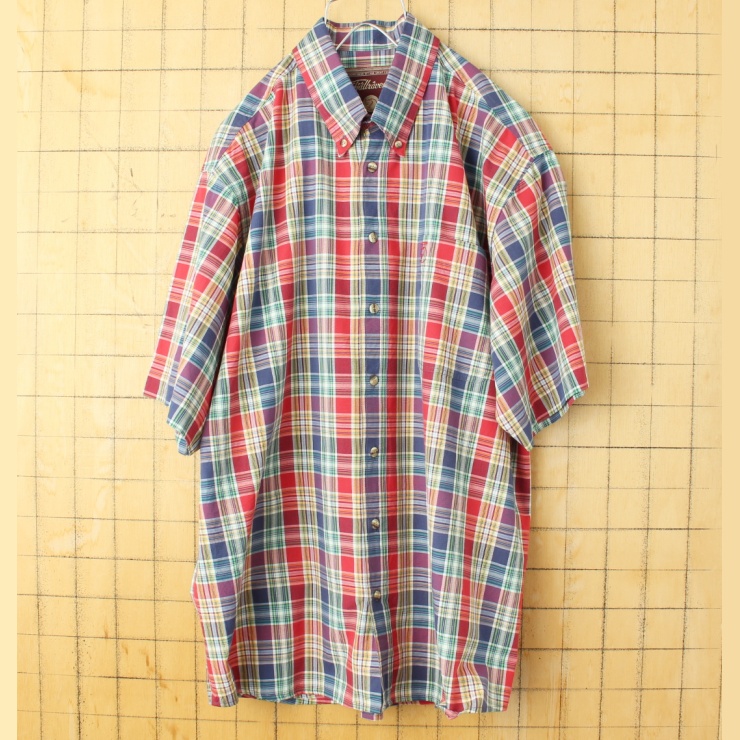 EURO FJALL RAVEN フェールラーベン 半袖 チェック ボタンダウン シャツ レッド ブルー メンズL ヨーロッパ古着