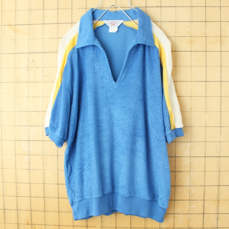 70s 80s USA Levis リーバイス パイル地 ポロシャツ ブルー メンズXL 半袖 ビーチ オールドサーフ アメリカ古着