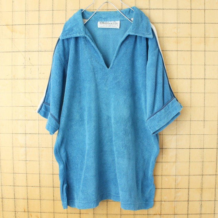 70s 80s USA Oh!rbach's パイル地 ポロシャツ ブルー メンズXL 半袖 ビーチ オールドサーフ アメリカ古着