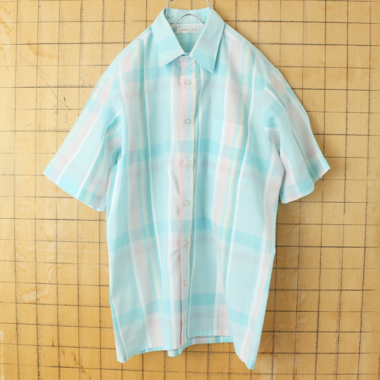 70s 80s USA製 Career Club 半袖 チェックボックスシャツ ライトブルー メンズM アメリカ古着