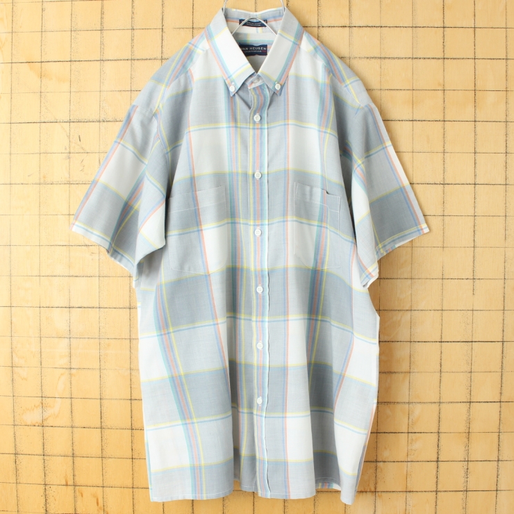 70s 80s USA VAN HEUSEN 半袖 チェックボタンダウン ボックスシャツ ブルー メンズM アメリカ古着