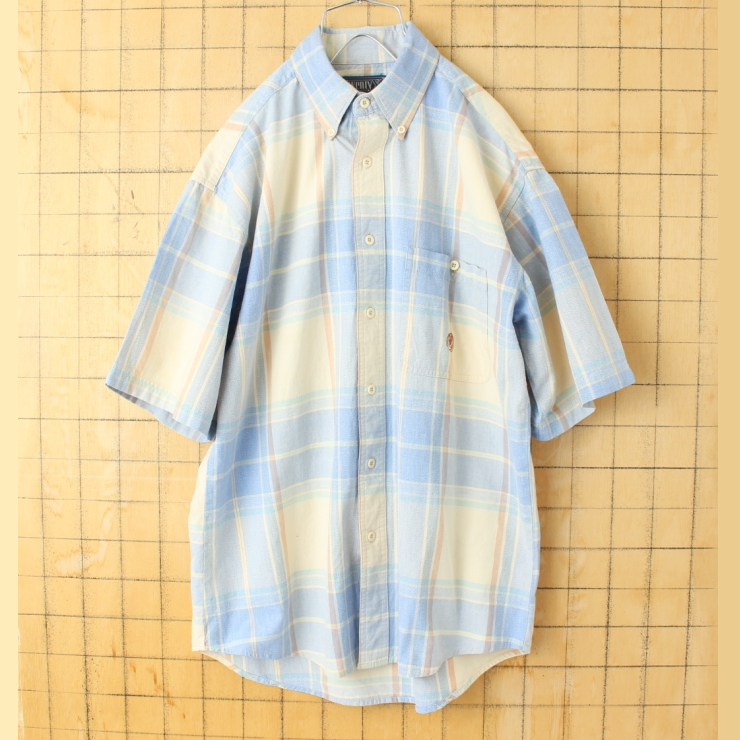 80s USA Wrangler ラングラー 半袖 チェックボタンダウンシャツ ブルー メンズM アメリカ古着