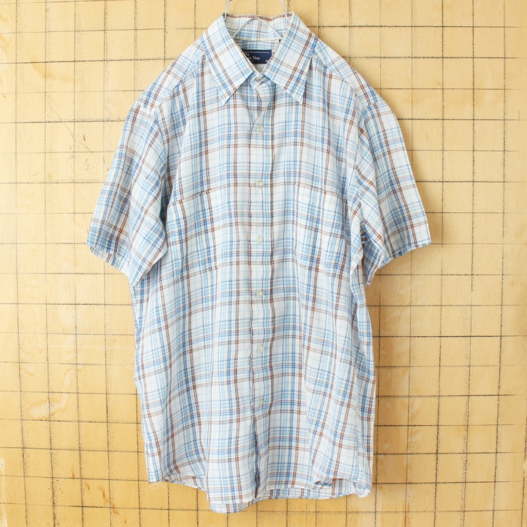 70s 80s USA JCPenney 半袖 チェックシャツ ブルー メンズM アメリカ古着