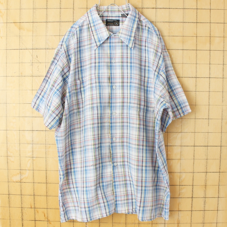 70s 80s USA JCPenney 半袖 チェックボックスシャツ ブルー メンズL アメリカ古着