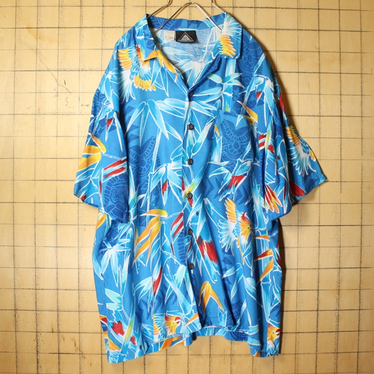 80s USA KENNINGTON 鳥柄 ハワイアン レーヨン シャツ メンズL ライトブルー 青 アロハ 半袖 アメリカ古着