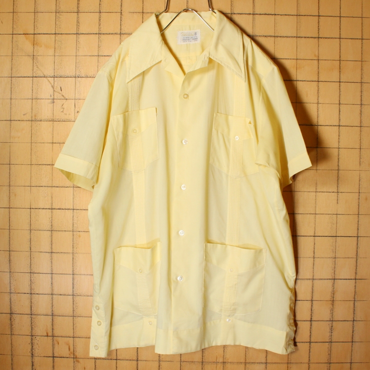 60s 70s USA Nassau キューバ シャツ オープンカラー ボックス 半袖 イエロー メンズM 開襟 アメリカ古着