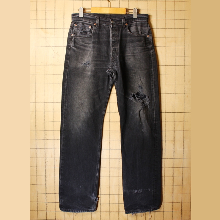 90s Levis リーバイス 501 ブラック ダメージ ジーンズ デニム パンツ W32 黒 クラッシュ アメリカ古着 062321ss162